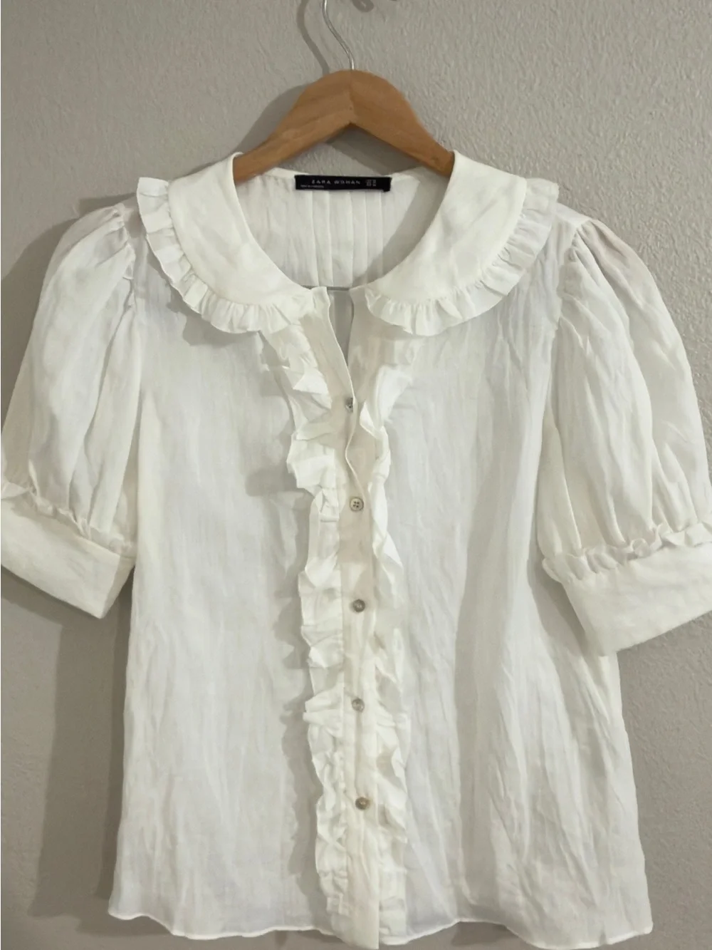 Zara White Ruffle Front Puff Sleeve Blouse